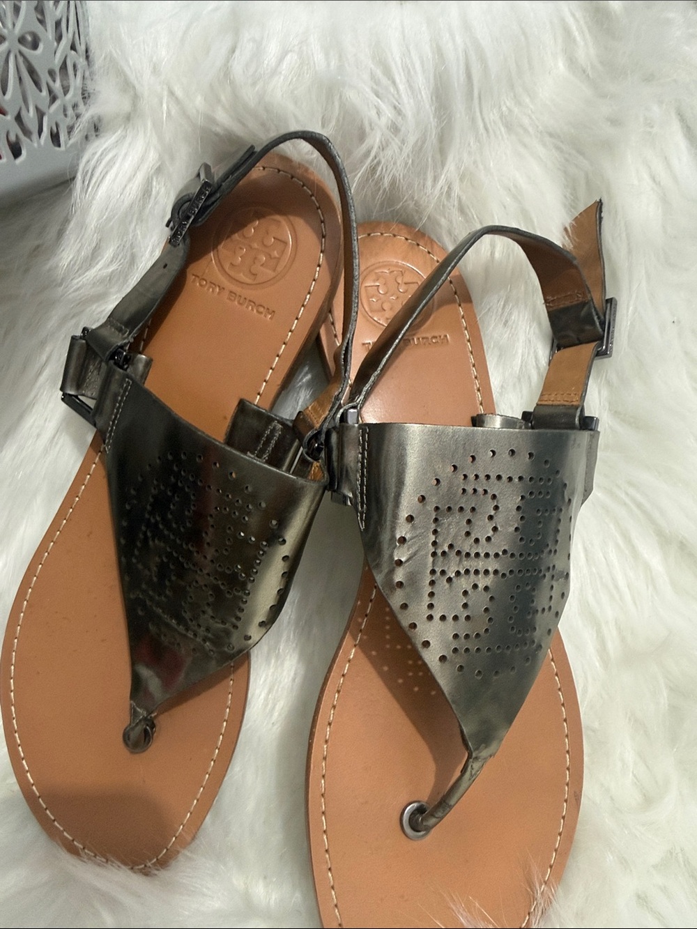 Tory Burch Metallic Pewter Logo Perforated Toe-Loop Sandals